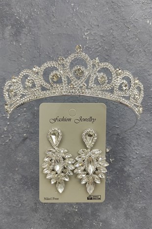 Angel Model Gelin Tacı Ve Damla Taşlı Küpe