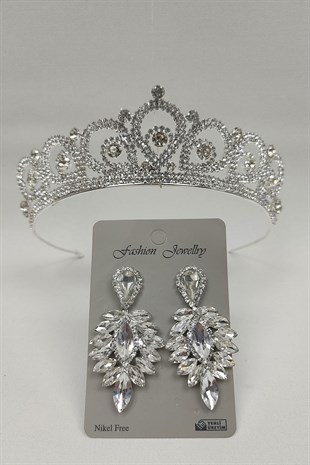 Angel Model Gelin Tacı Ve Damla Taşlı Küpe