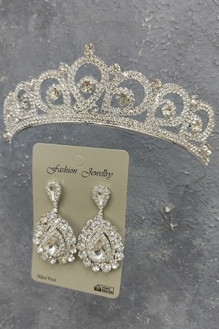 Angel Model Gelin Tacı Ve Mekik Taşlı Küpe