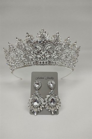 Angelina Model Gelin Tacı Ve Damla Mekik Taşlı Küpe