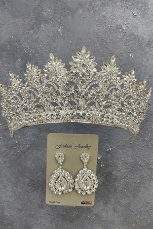 Angelina Model Gelin Tacı Ve Mekik Taşlı Küpe