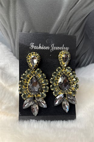 Antrasit Gold Renk Velin Şık Tasarım Taşlı Küpe  Gelin Kına Abiye Küpesi