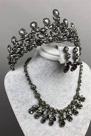 Anthracite Gray Beety Bridal Henna Crown Necklace Earring Set