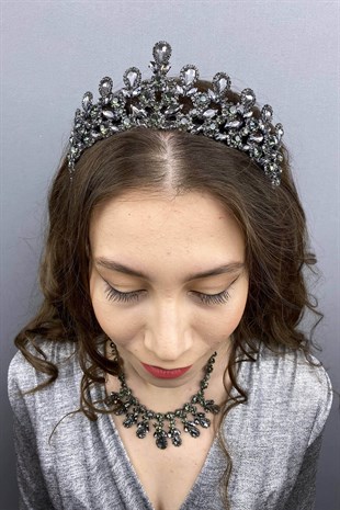 Anthracite Gray Beety Bridal Henna Crown Necklace Earring Set