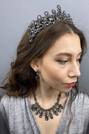 Anthracite Gray Beety Bridal Henna Crown Necklace Earring Set
