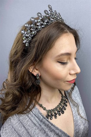 Anthracite Gray Beety Bridal Henna Crown Necklace Earring Set