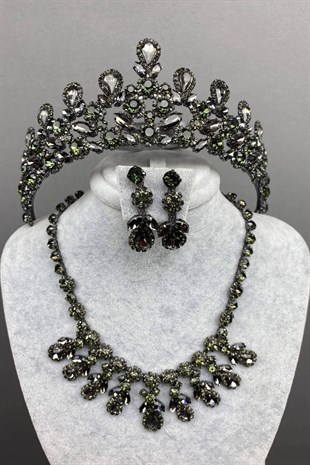 Anthracite Gray Beety Bridal Henna Crown Necklace Earring Set