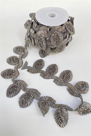 Antrasit Gri Boru Boncuklu Ütüyle Yapışan Taşlı Şerit Aplik