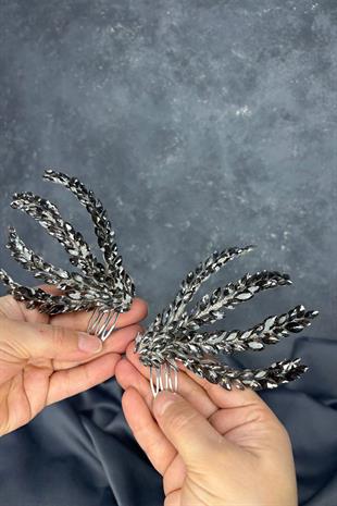 Antrasit Gri Çift Taraflı Tarak Büge Gelin Saç Aksesuarı