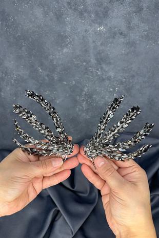Antrasit Gri Çift Taraflı Tarak Büge Gelin Saç Aksesuarı