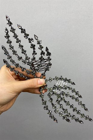 Anthracite Gray Double Sided Leaf Patterned Hair Accessory Henna Crown