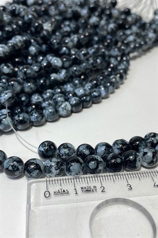 Antrasit Gri Desenli Dizi Cam Boncuk 8 mm
