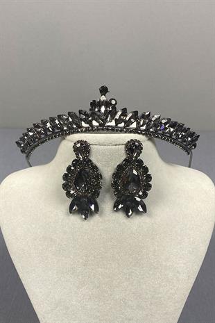Anthracite Gray Ece Bride Henna Crown and Drop Shuttle Stone Earring Set