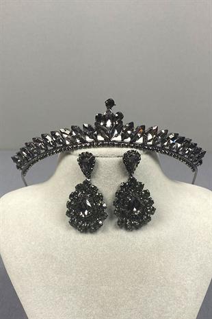 Anthracite Gray Ece Bridal Henna Crown and Drop Stone Earring Set