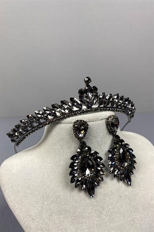 Anthracite Gray Ece Bridal Henna Crown and Drop Shuttle Earring Set