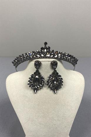 Anthracite Gray Ece Bridal Henna Crown and Drop Shuttle Earring Set