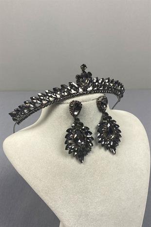 Anthracite Gray Ece Bridal Henna Crown and Drop Shuttle Earring Set