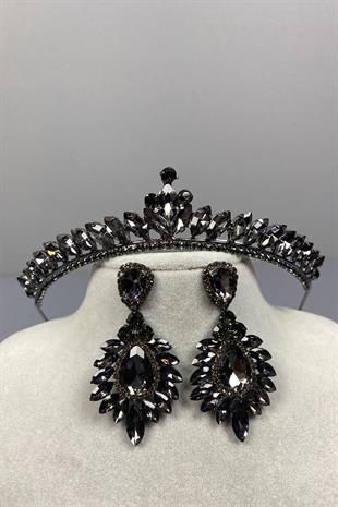Anthracite Gray Ece Bridal Henna Crown and Drop Shuttle Earring Set