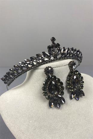Anthracite Gray Ece Bride Henna Crown and Drop Shuttle Stone Earring Set