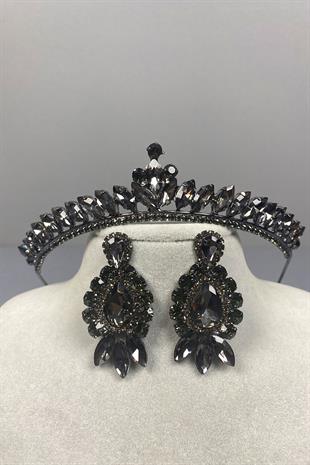 Anthracite Gray Ece Bride Henna Crown and Drop Shuttle Stone Earring Set