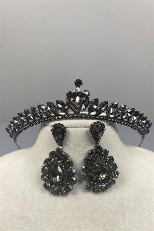 Anthracite Gray Ece Bridal Henna Crown and Drop Stone Earring Set
