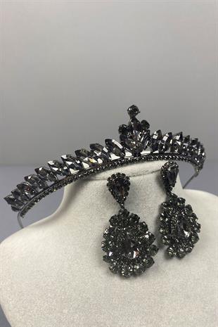 Anthracite Gray Ece Bridal Henna Crown and Drop Stone Earring Set