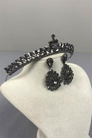 Anthracite Gray Ece Bridal Henna Crown and Drop Stone Earring Set