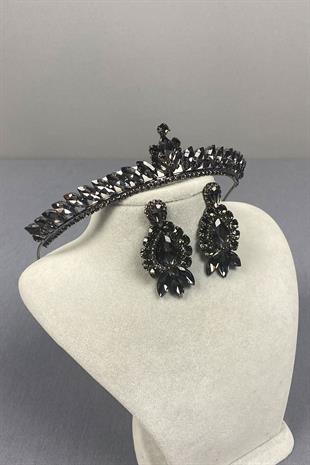 Anthracite Gray Ece Bride Henna Crown and Drop Shuttle Stone Earring Set