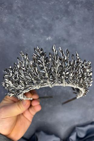 Antrasit Gri Elisa Tasarım Boncuklu Gelin Kına Tacı Saç Aksesuarı