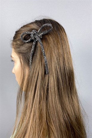 Antrasit Gri Full Taşlı Tasarım Fiyonk Saç Tokası