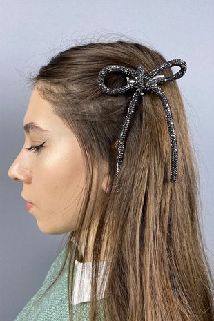 Antrasit Gri Full Taşlı Tasarım Fiyonk Saç Tokası