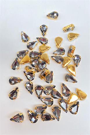 Antrasit Gri Gold Zeminli Dikme Parlak Cam Damla Boncuk 10 Adet