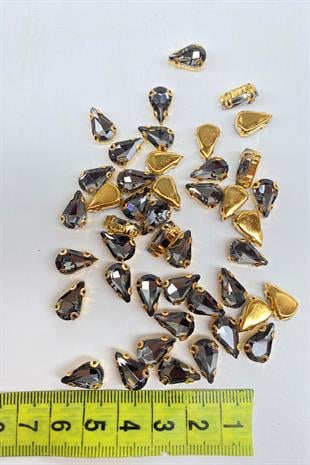 Antrasit Gri Gold Zeminli Dikme Parlak Cam Damla Boncuk 10 Adet