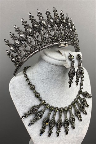 Anthracite Gray Henna Bridal Henna Crown Necklace Earring Set