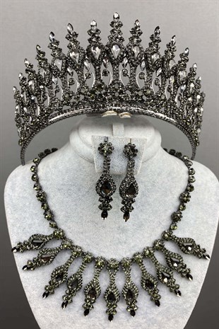 Anthracite Gray Henna Bridal Henna Crown Necklace Earring Set