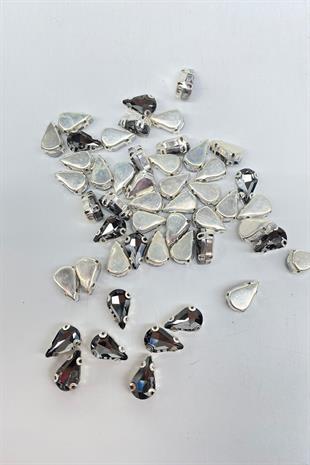 Antrasit Gri Kasalı Dikme Parlak Cam Damla Boncuk 10 Adet