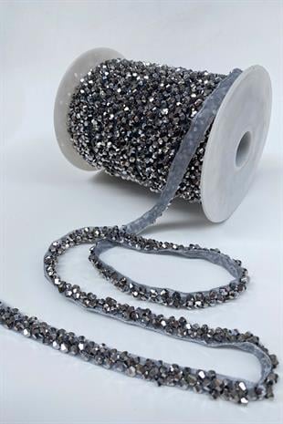 Antrasit Gri Kristal Boncuk İşlemeli Şerit