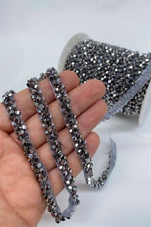 Antrasit Gri Kristal Boncuk İşlemeli Şerit