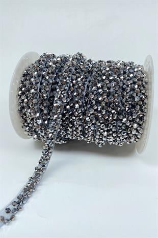 Antrasit Gri Kristal Boncuk İşlemeli Şerit