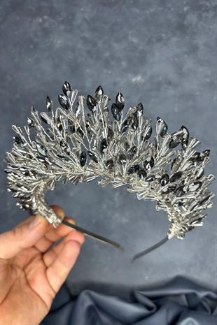 Anthracite Gray Maria Heavily Embroidered Crystal Bridal Henna Crown Hair Accessory