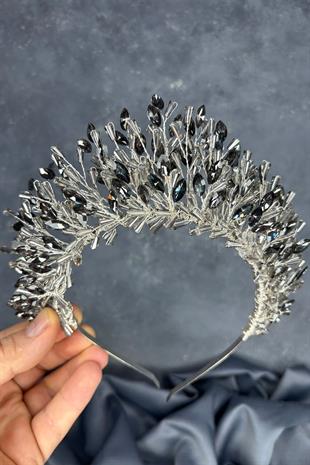 Anthracite Gray Maria Heavily Embroidered Crystal Bridal Henna Crown Hair Accessory