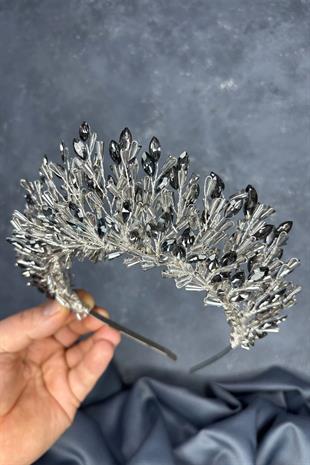 Anthracite Gray Maria Heavily Embroidered Crystal Bridal Henna Crown Hair Accessory