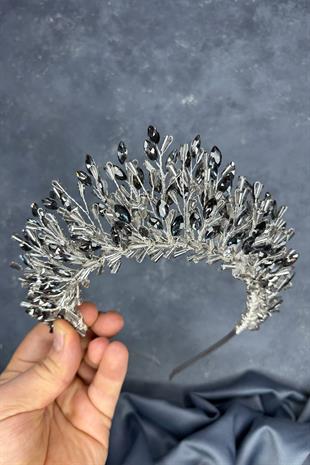 Anthracite Gray Maria Heavily Embroidered Crystal Bridal Henna Crown Hair Accessory