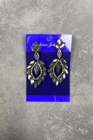 Antrasit Gri Mekik Duru Yaprak Desenli Taşlı Abiye Küpe