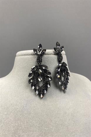 Antrasit Gri Mekik Duru Yaprak Desenli Taşlı Abiye Küpe