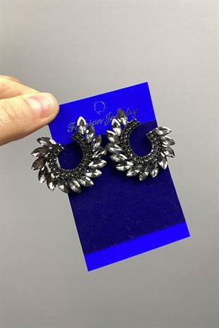 Antrasit Gri Mekik Hera Yaprak Desen Taşlı Abiye Küpe