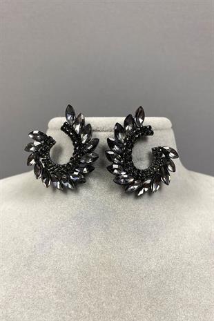 Antrasit Gri Mekik Hera Yaprak Desen Taşlı Abiye Küpe