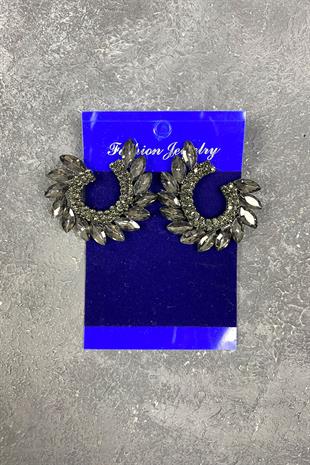 Antrasit Gri Mekik Hera Yaprak Desen Taşlı Abiye Küpe