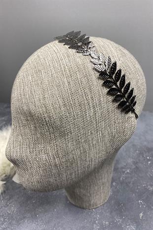 Antrasit Gri Metal İnce Yapraklı Tasarım Gelin Tacı Saç Aksesuarı