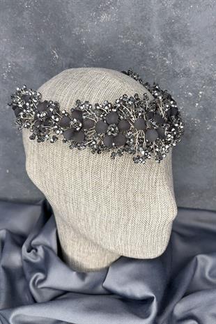 Antrasit Gri Nileda Kristal Boncuklu Gelin Kına Tacı Saç Aksesuarı
